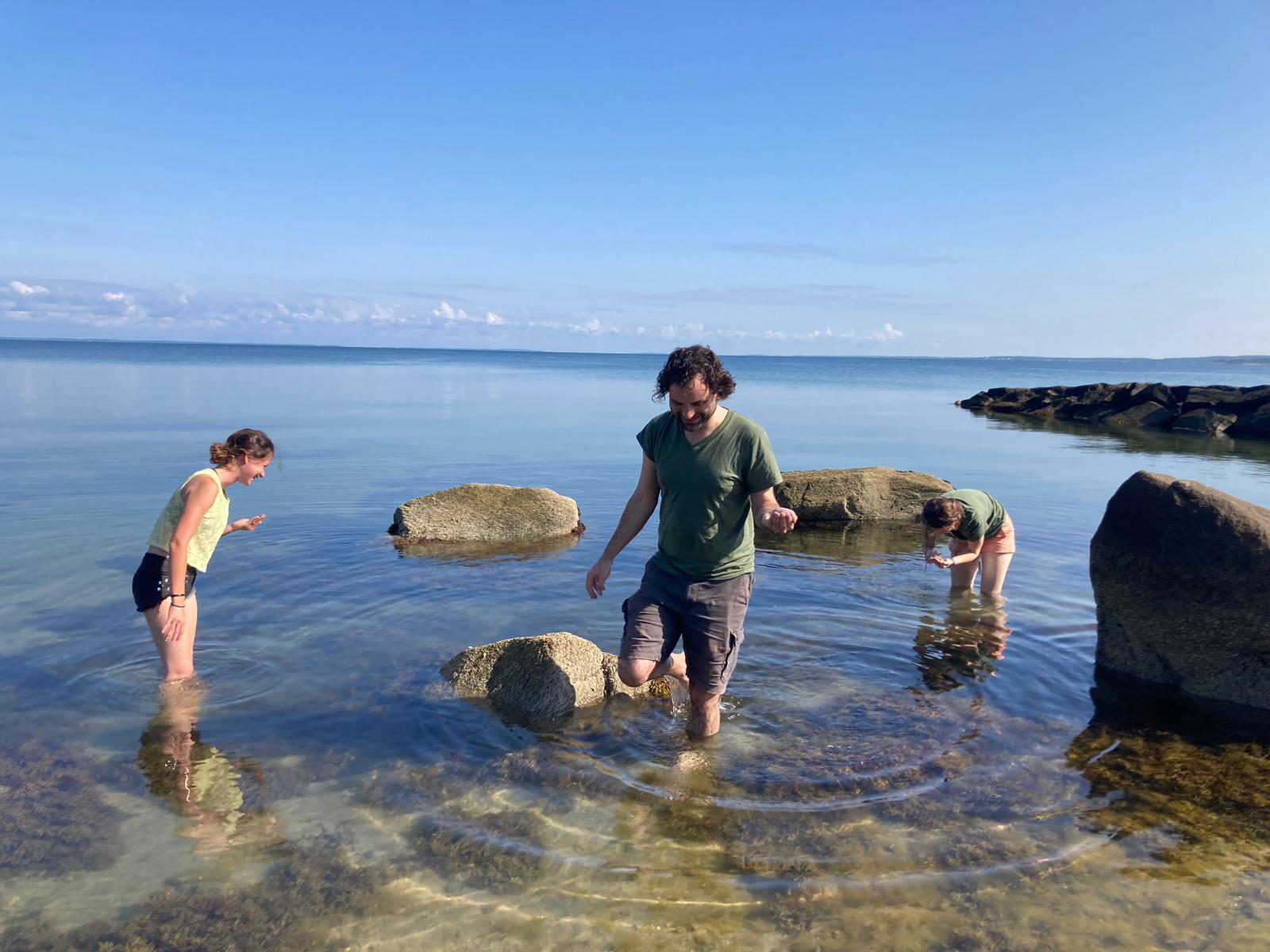 three people wading in a calm and shallow ocean area.