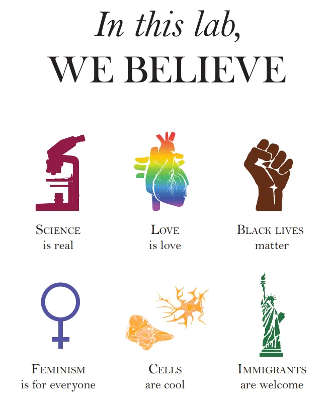 a poster saying in this lab, we believe science is real, love is love, black lives matter, feminism is for everyone, cells are cool, immigrants are welcome with relating icons. 