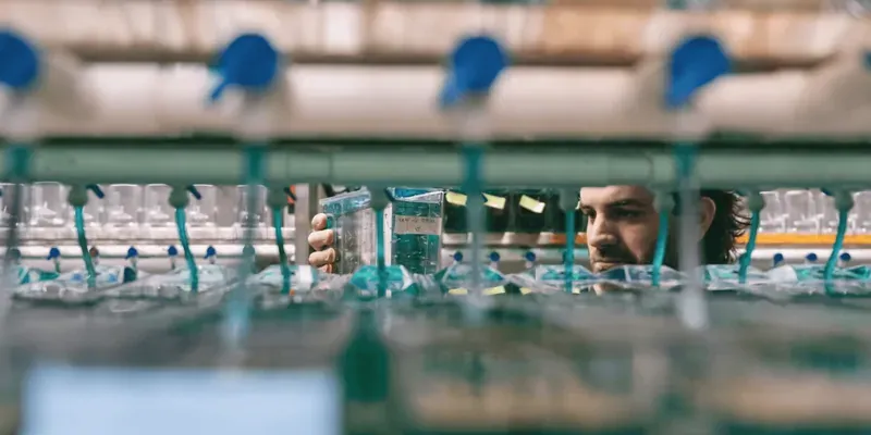 Stephen Treast holds a fishtank in between rows of other tanks in a lab setting.