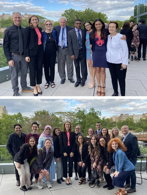 One image of three men and five women on a patio outside. Second image of five men and twelve women together on a patio outside.