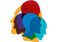 six heads in yellow, balck, purple, blue, green, and red