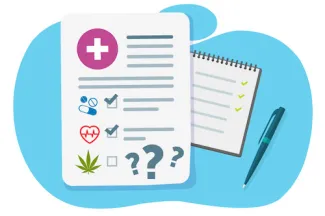 checklist with lines and pictures of question marks, a smaller checklist behind and a pen inside a blue circle