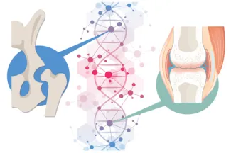rainbow dna strand showing a hip joint in a blue circle and a knee joint and a green circle